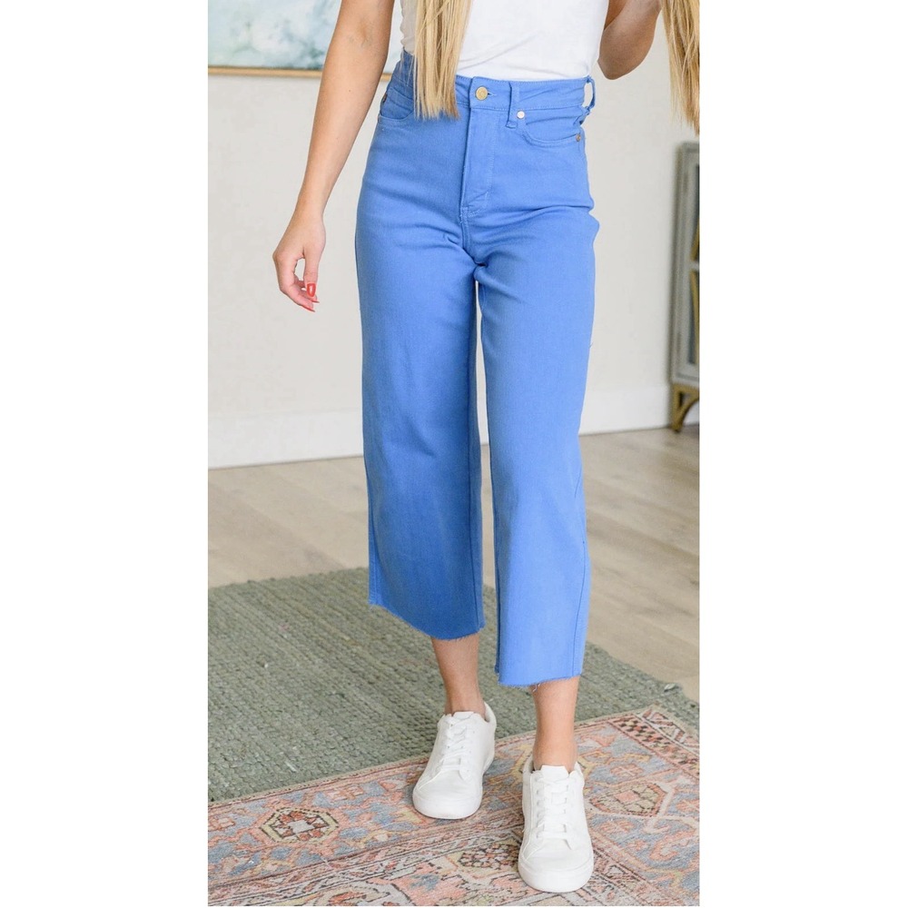 Judy Blue Jeans Womens 7/28 High Rise Control Top Sky Blue Wide Leg Crop